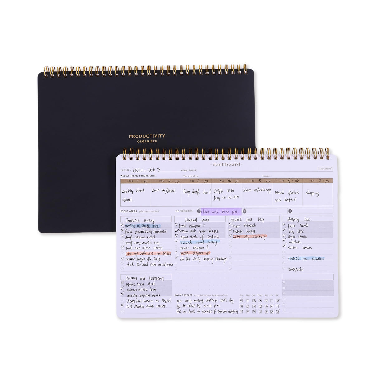 ZERONE CENTRE Productivity Weekly Planner - 54 Sheets Dashboard Spiral Deskpad Has 6 Focus Areas to List Tasks for Goals, Projects, Clients, Academic, or Shopping-Organize Your Daily Work Efficiently