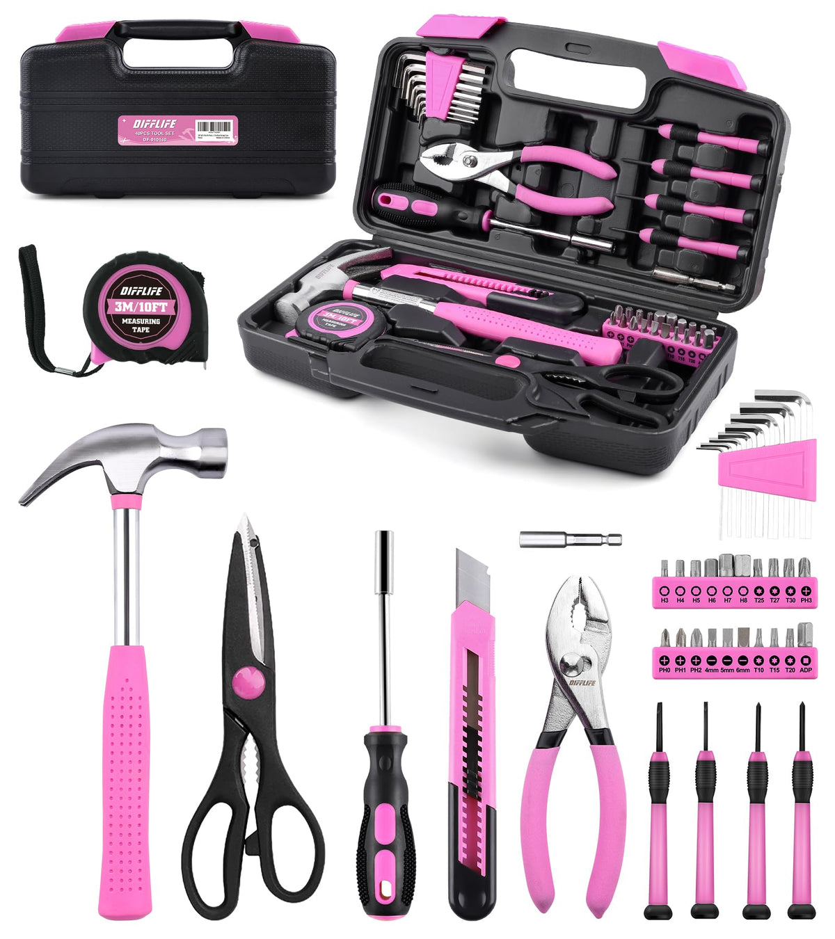 DIFFLIFE Tool Set Pink-40 Piece - General Household Hand Tool Kit with Plastic Toolbox Storage Case(Pink)