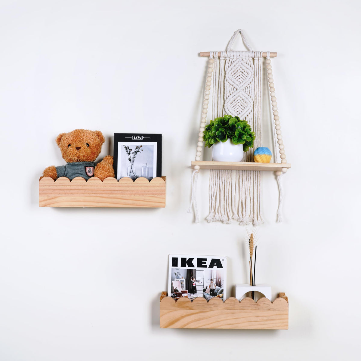 Wooden Macrame Wall Hanging w/Shelf & Sturdy Beaded Rope - Handmade Modern Living Room Decor - Macrame Wall Decor to Securely Hold Plants & More - Beautiful Boho Decorations for Interior Design