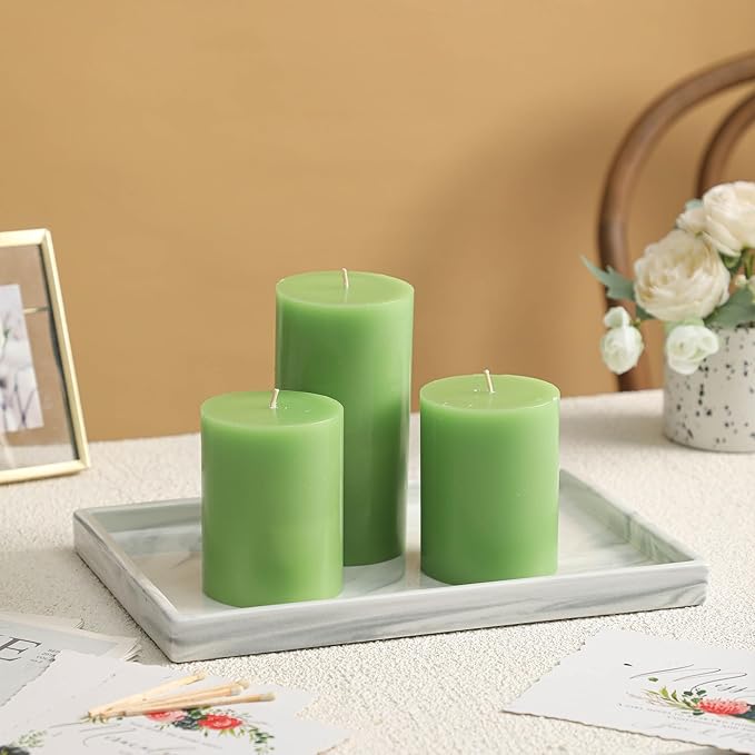 3x4 Inch Green Pillar Candles Set of 3 - Decorative Unscented Pillar Candle, Long Burning Dripless Candle for Table Decor, Smokeless Large Pillar Candles for Wedding Table Decor