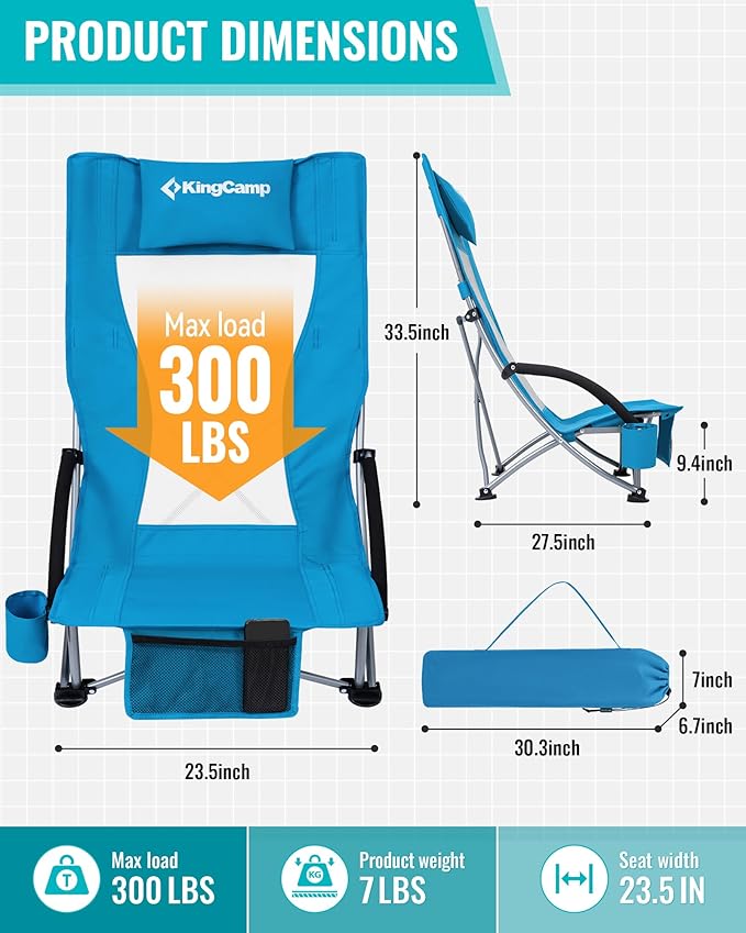 KingCamp Low Beach Chairs, Portable Folding Chair for Adults Extra Wide Ergonomic High Back Seat 300lbs Heavy Duty Lightweight Oversized Gear with Carry Bag for Outdoor Lawn Camping Picnic