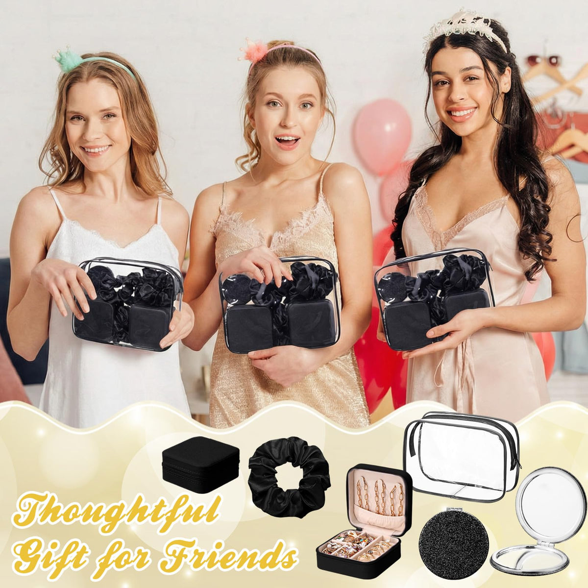 Yalikop 24 Pcs Spa Party Favor 6 Jewelry Boxes 6 Scrunchies 6 Glitter Mirrors 6 Bag Gift for Mother's Day Bridal Bachelorette Party (Black)