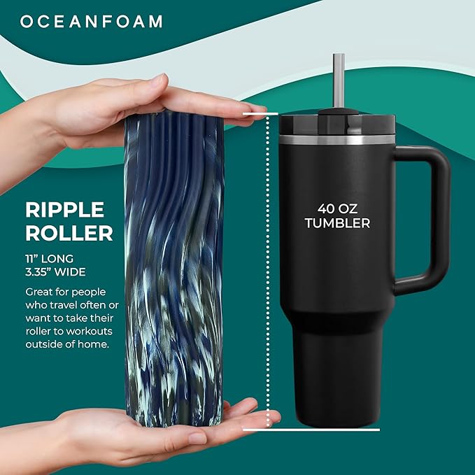 Oceanfoam Ripple Travel Foam Roller (11" x 3.35") Firm Mini Foam Roller for Physical Therapy, Deep Tissue Massage, Back Pain - High Density, Wave Textured - Yoga (Dark Navy, Hunter & Seafoam Marbled)