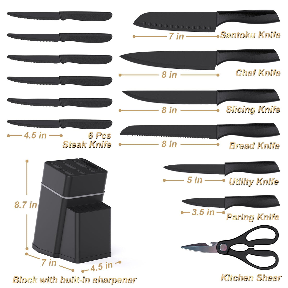 Kitchen Knife Set with Block - 15 Pieces Knife Sets with Built-in Sharpener, Dishwasher Safe, Stainless Steel Blades Kitchen Knives