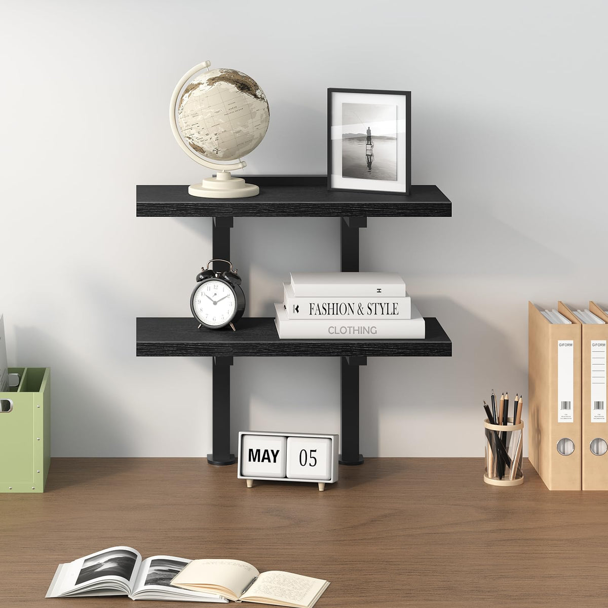 MAHANCRIS 5-Tier Bookshelf Bookcase and Clamp On Desk Organizer Bundle, Shelves Organizer for Small Spaces, 2-Tier Desktop Bookshelf, for Office, Study and Game Room, BKHB5501-DSBK3501