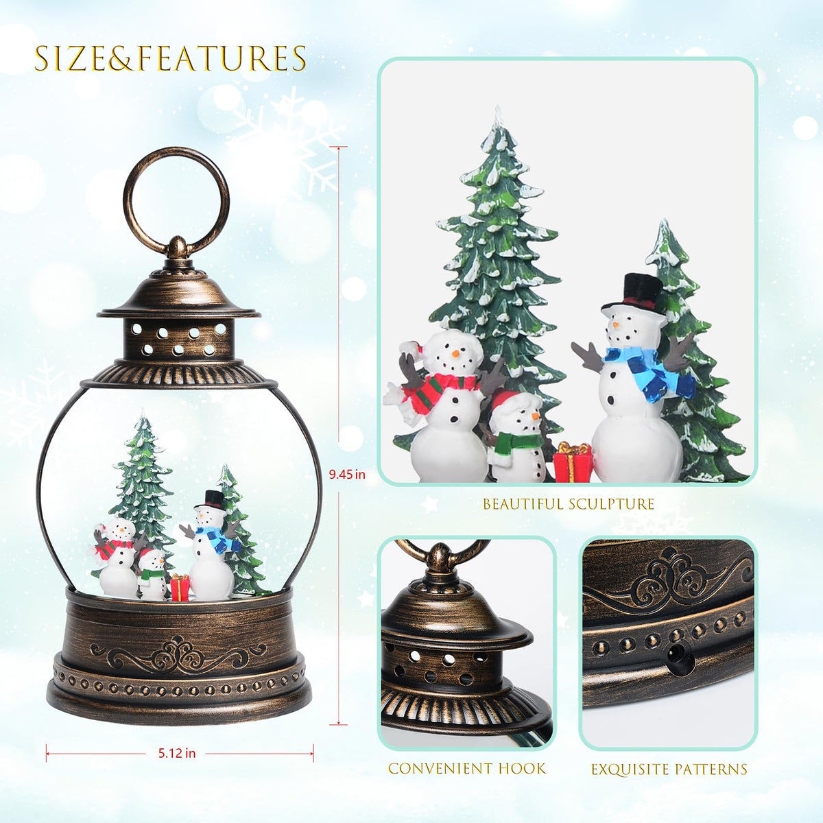 Snow Globes, Snowman Family,Glitter Water Christmas Lantern with 8 Songs, 6H Timer Battery & USB Powered Music Box,Gifts for Men and Kids, Indoor Christmas Decorations