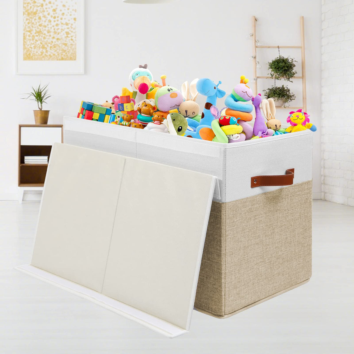 Gowee Large Toy Storage Box with Lid, Sturdy Toys Storage Chest Bin Organizer Basket with Dividers for Kids, Boys, Girls, Nursery, Closet, Bedroom, Playroom 25"x13" x16" (Beige and White)