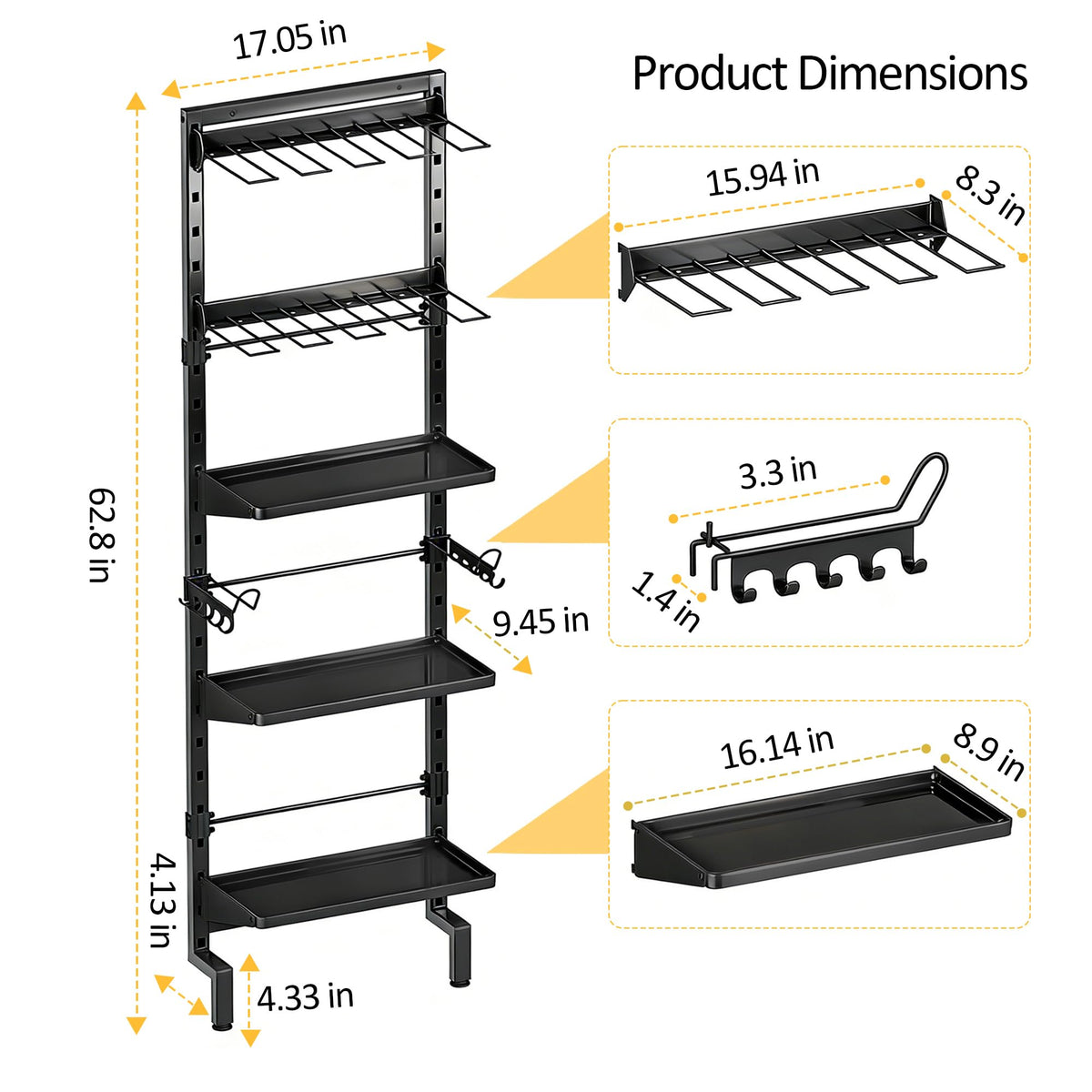 BUKFEN Garage Tool Storage Rack, Wall Mount 5-Tier Heavy Duty Metal Organizer with 8 Drill Holder Slots, Adjustable Shelves, Side Hooks Workshop Utility 1 Pack Black Vertical Space-Saving Organization