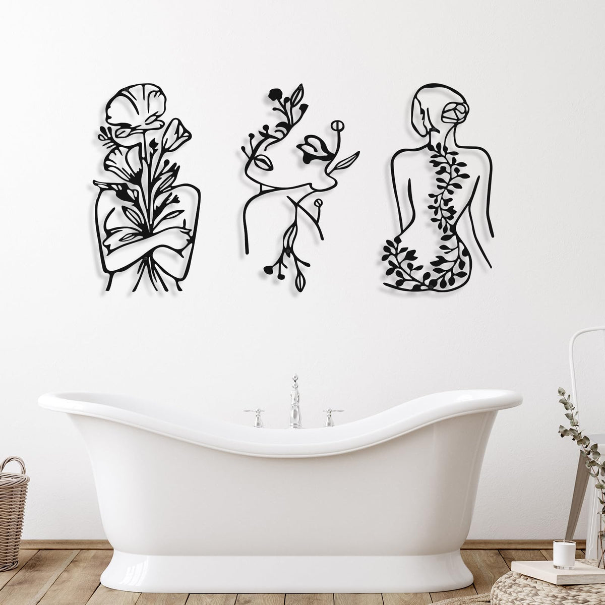 Photect 3 Pcs Metal Wall Art Decor Minimalist Abstract Woman Wall Art Metal Modern Line Drawing Decor Female Single Line Home Hanging for Bedroom Bathroom Living Room Housewarming(Plant,Black)