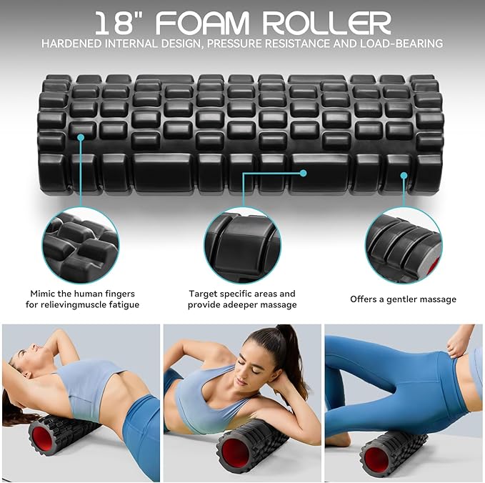 5-in-1 Foam Roller Set, Massage Roller Stick, Massage Ball, Resistance Band for Deep Muscle Massage, Trigger Point Release, Pilates, Yoga (Black-18(5 in 1))