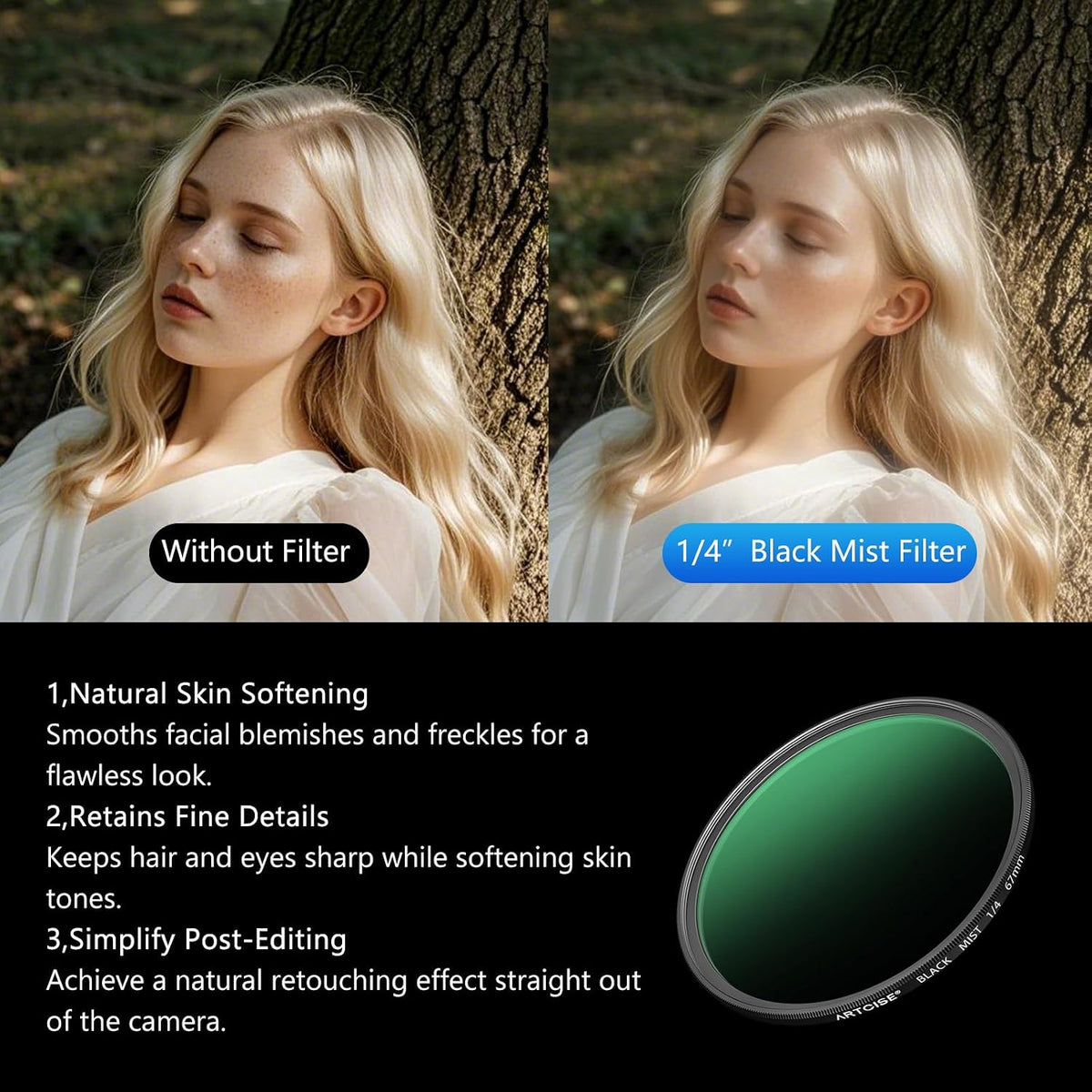 ARTCISE 1/4 67mm (77mm) Black Mist Filter - HD Optical Glass Filter for Cinematic Glow, Reduces Harsh Highlights