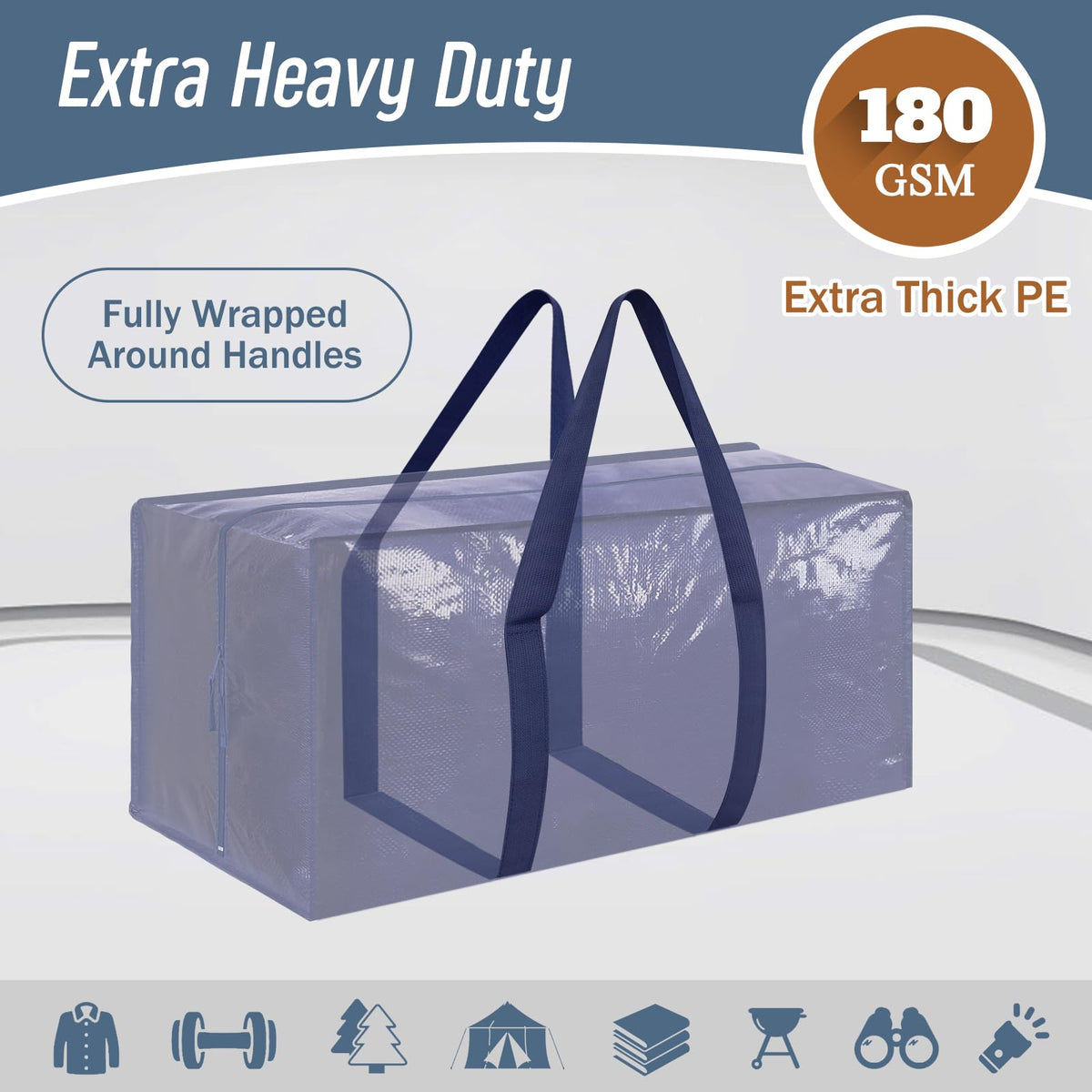 12 Pack Extra Heavy Duty Large Moving Bags with Strong Zipper & Comfortable Handles, Sturdy & Durable Clothes Storage Bags Totes Bins, Packing Moving Boxes for College Supplies, Dark Blue
