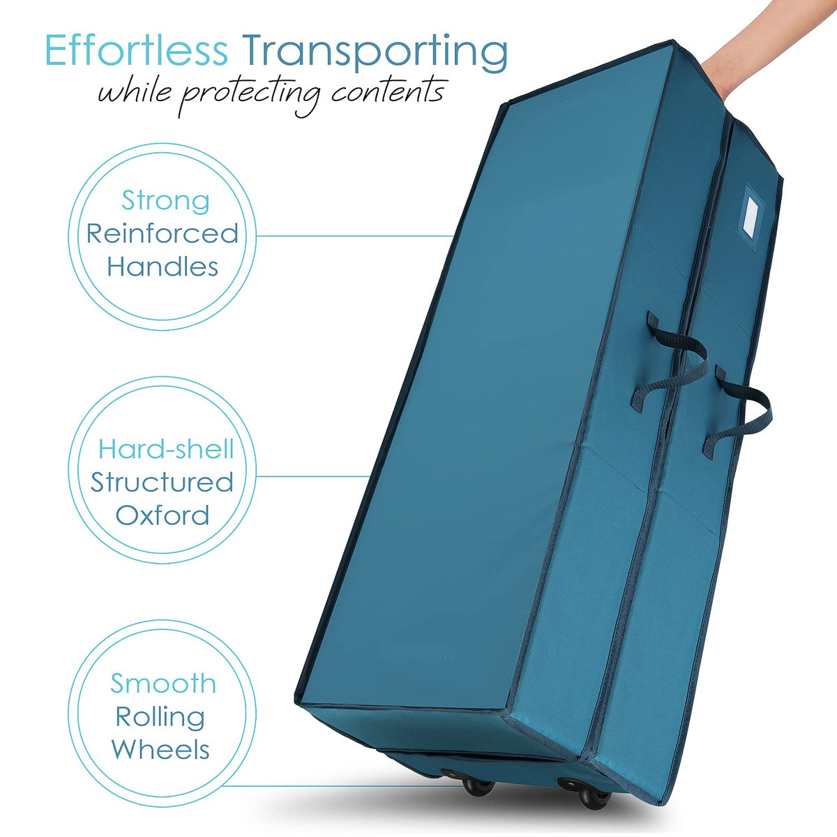 Hearth & Harbor Wrapping Paper Storage Container with Ribbon Dispenser and Interior Pockets - Large Christmas Storage Containers with Wheels, Fits 30 Rolls of 40" Length, Blue