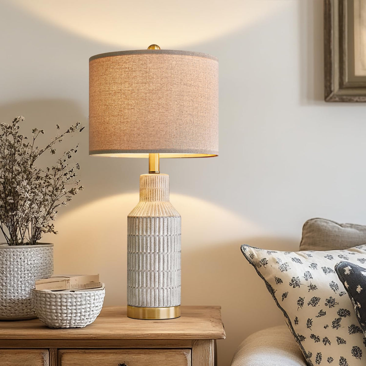 USumkky 25" Table Lamps Set of 2 - Modern Bedside Lamps for Living Room - White Washed Ceramic Nightstand Lamps for Bedroom