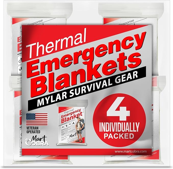 Emergency Blanket 4-Pack Space Mylar Blankets Survival Gear and Supplies Reusable Thermal Camping Hunting Essentials First Aid Car Emergency Kit Prepper Bug Out Bag Foil Warm Cat Cold Snow Winter
