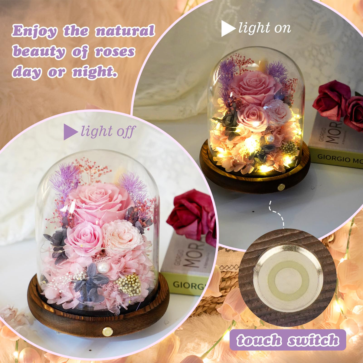 Large Preserved Flowers with Card&Box-Flowers for Delivery Prime,Eternal Rose with Lights,Roses in Glass Dome,Romantic Gift for Her,Decoration,Fresh Rose Flowers for Mom, Birthday, Anniversary (Pink)