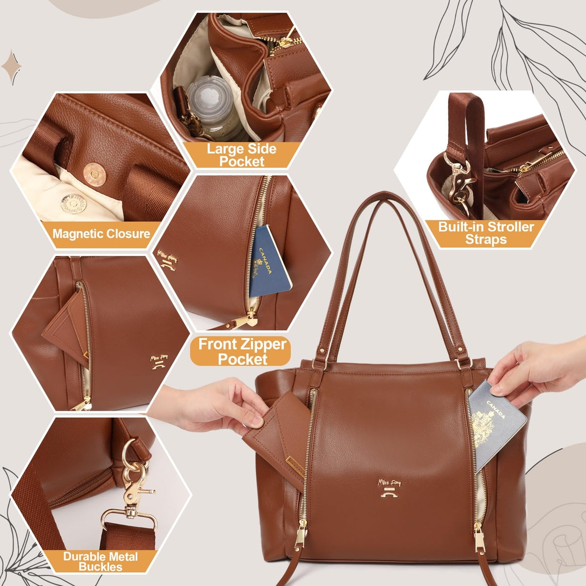 miss fong Diaper Bag Tote Leather Diaper Bag Backpack, Large Capacity Mommy Bag Hospital Bag, 12 Pockets Travel Diaper Tote with Changing Pad Pañaleras Para Bebe for Mom & Dad-Brown