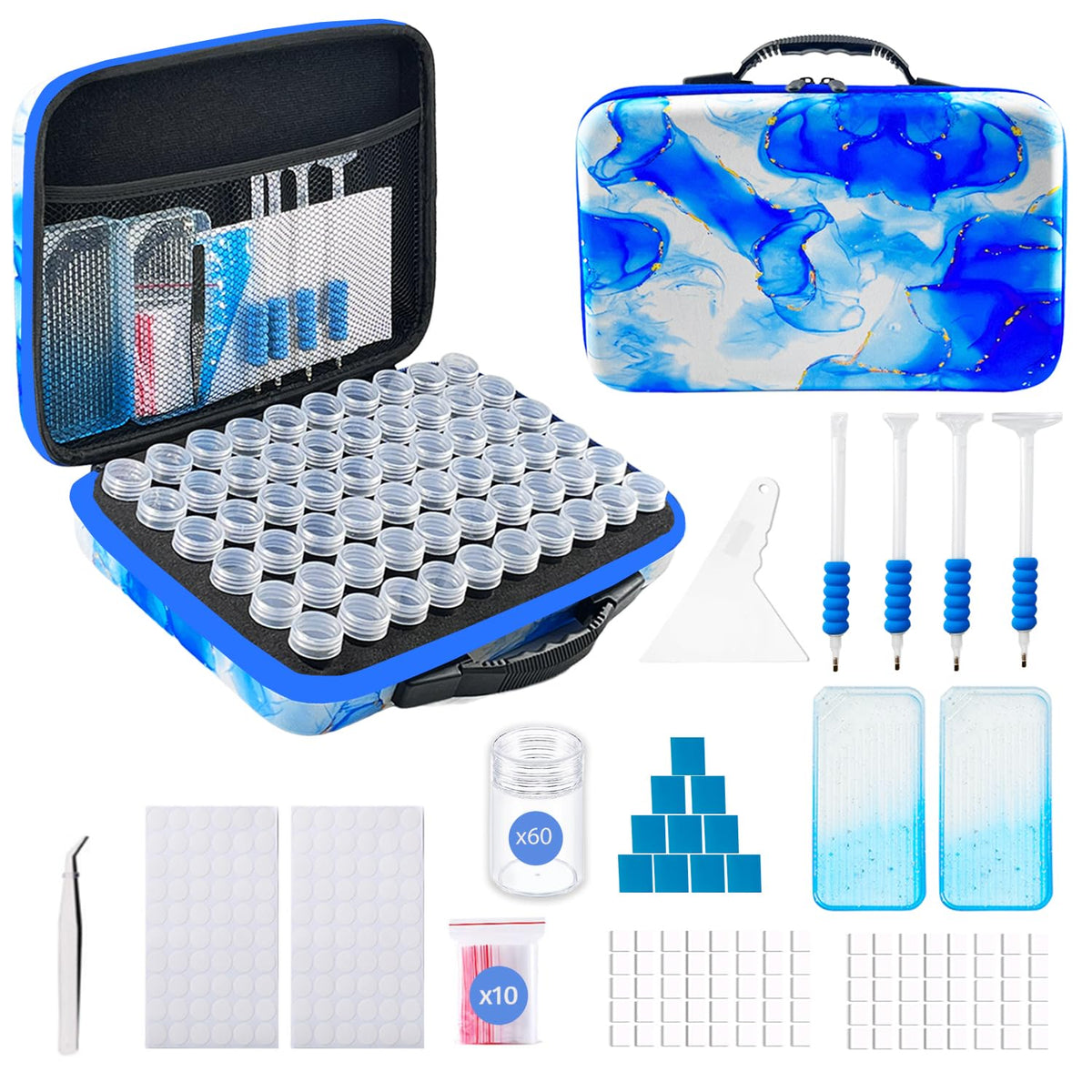 SuSentak Diamond Art Storage Containers with Dot Drill Tools,60 Slots Bead Organizer Case for 5D DIY Art Kits, Portable Craft Box for Diamond Painting Accessories (Blue)