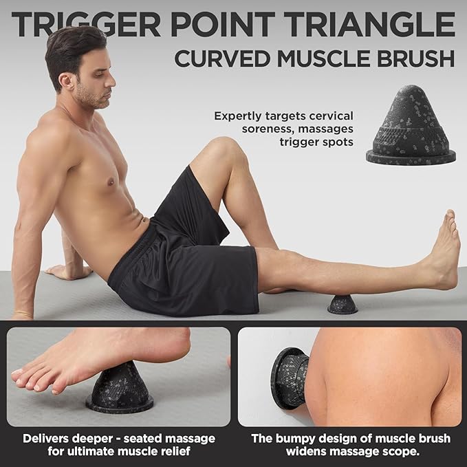 5 in 1 Foam Roller Set with Peanut Massage Ball, Curved Muscle Brush - Yoga Roller, Massage Ball, Trigger Point Triangle for Deep Tissue Relief (Black Gray)