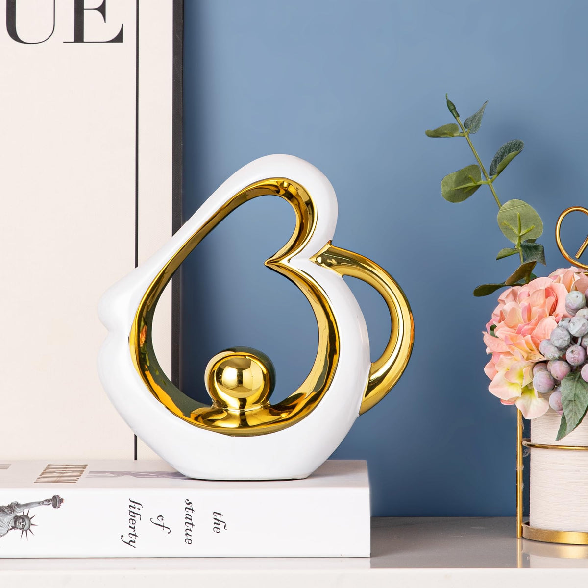 TZIZO Gold Sculpture Coffee Table Decor, Dining Room Table Centerpieces, Ceramic Statue Abstract Sculptures Home Decorations, Modern Art Heart Shape Mantle Decor for Living Room