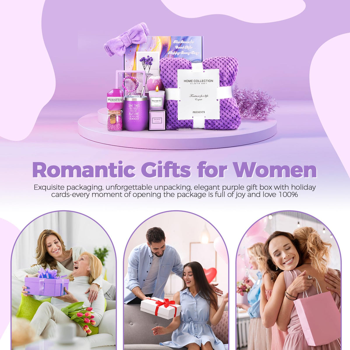 MEINESQIS Birthday Gifts for Women Gift Basket, Lavender Spa Gift Set with Cozy Flannel Blanket, Self Care Care Package Gift Box for Her, Mom, Wife, Sister, Best Friend, Girlfriend (Purple)