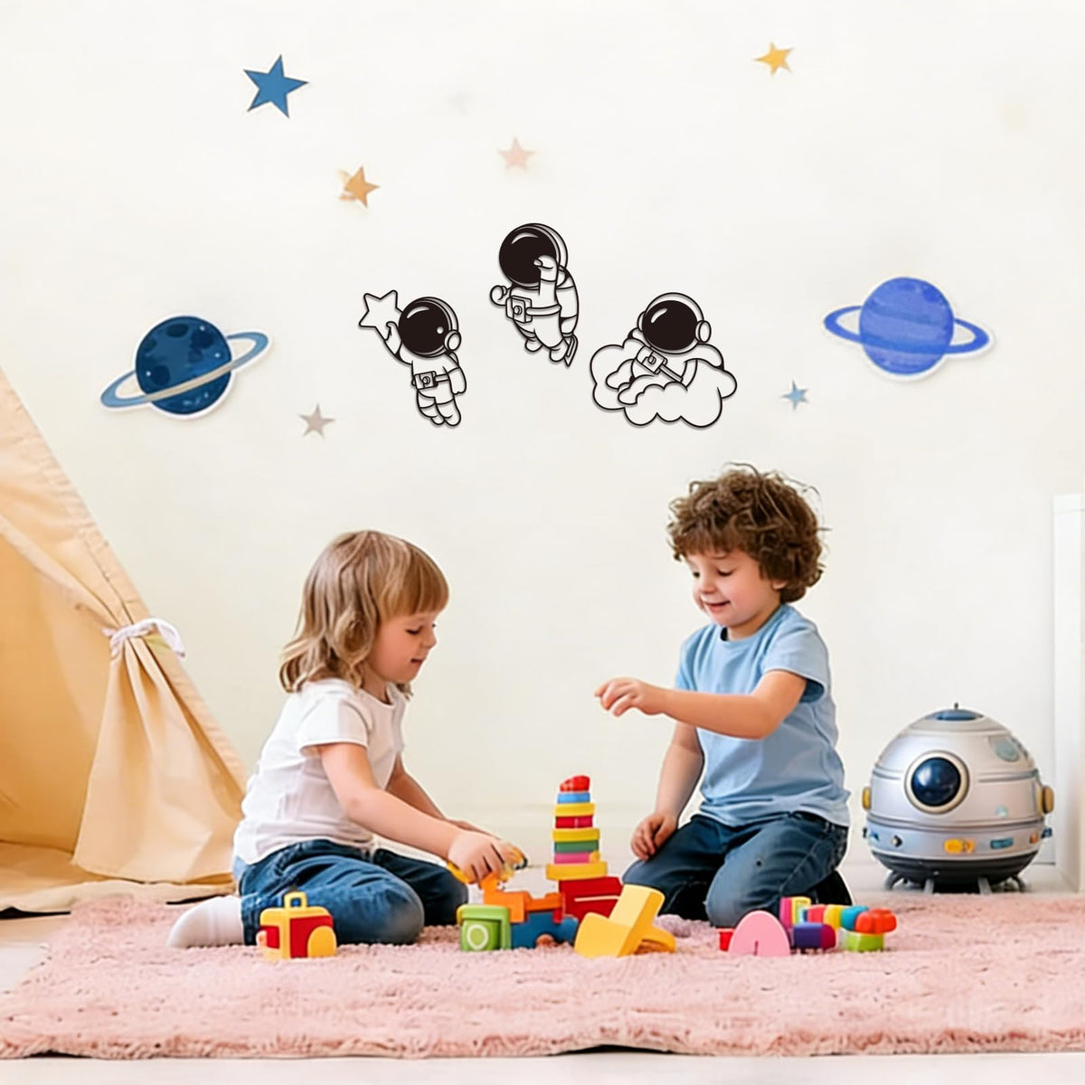 Jasscare Metal Astronaut Wall Art Decor Set of 3, Spaceman Iron Wall Hanging, Modern Space Themed Wall Decoration for Kids Room Bedroom Living Room Nursery, Gifts for Space Lovers