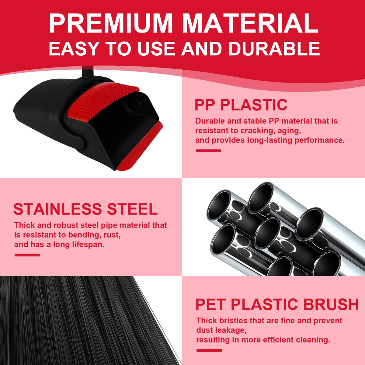 UDUK Broom with Dustpan Combo Set and Silicone Air Broom Kit, 51" Long Handle Floor Squeegee, Red Household Kit for Glass Window Rugs Pet Hair Home