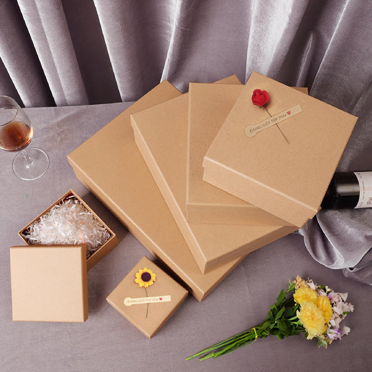 Giftilious Gift Boxes with Lids for Presents, Set of 6 Empty Gift Boxes, Natural and Rustic Kraft Gift Wrap Boxes, Versatile Gift Box for Christmas,Birthday, Anniversaries, Weddings and Any Occasion