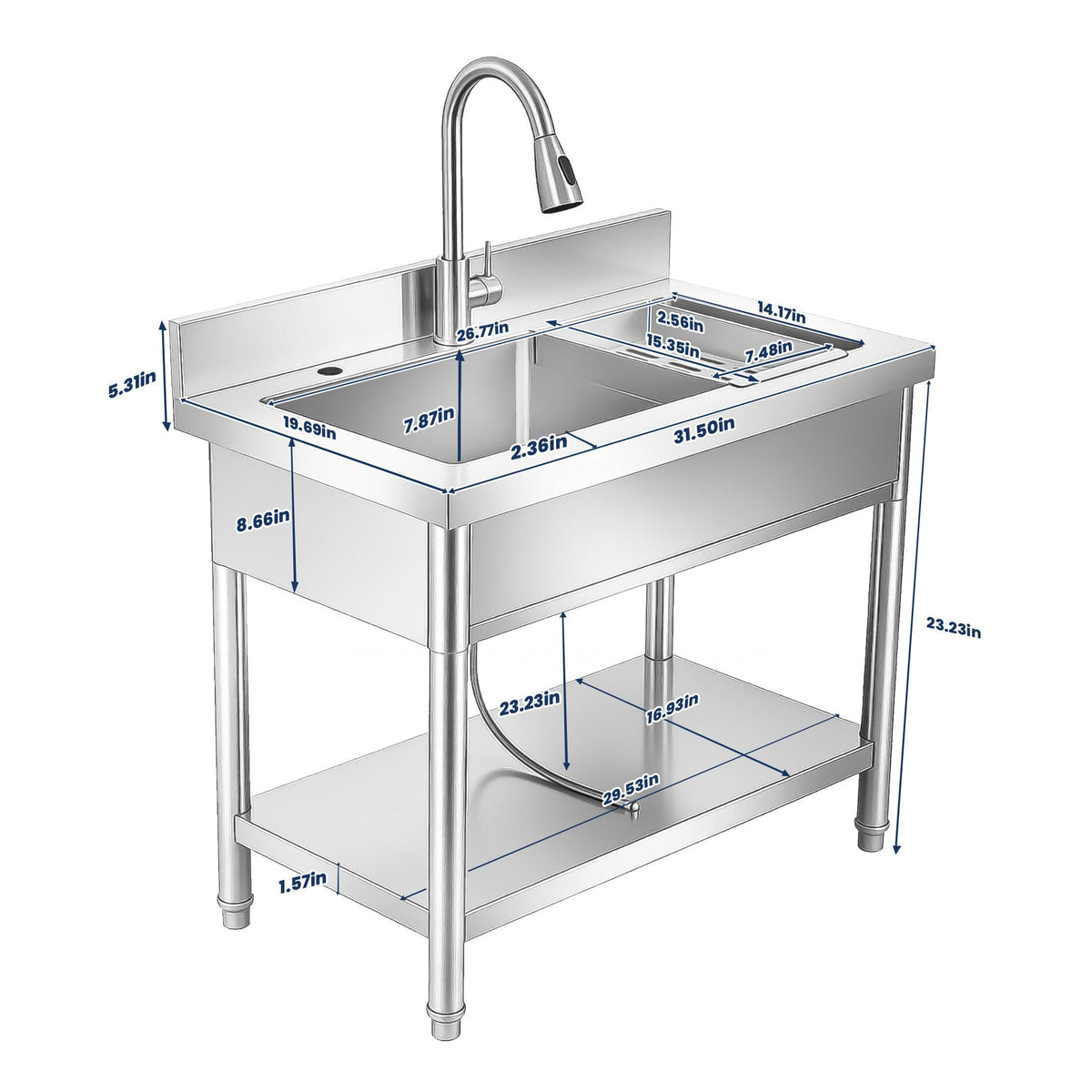 31 Inch Laundry Room Stainless Steel Utility Sink Single Bowl, with Retractable Hot & Cold Faucet, Hose and Drain Kit for Daily Household Use