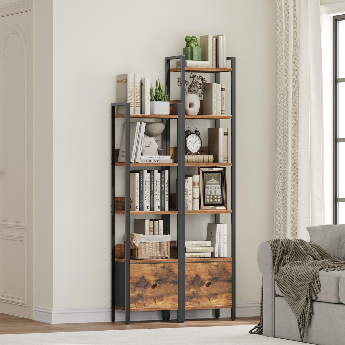 MAHANCRIS Bookshelf, 5-Tier Bookcase with Drawer, Small Book Shelf for Small Space, Storage Shelf Organizer, for Living Room, Bedroom, Study, Kitchen, Rustic Brown and Black BKHR55101