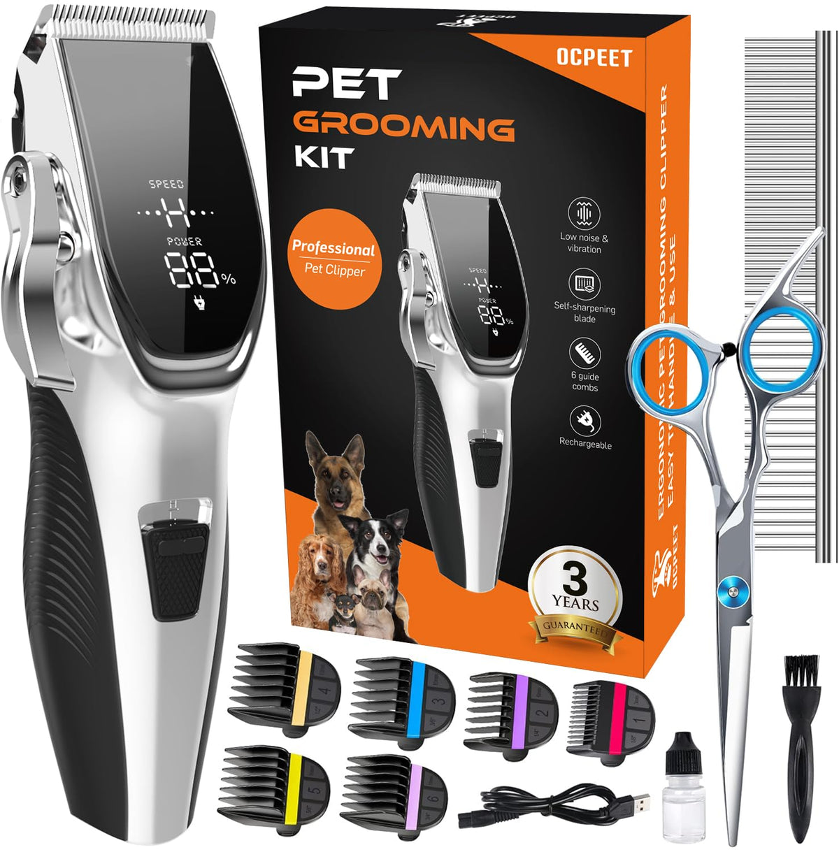 Dog Grooming Kit Low Noise，Cordless 4 in 1 Dog Clippers for Grooming Rechargeable Pet Cat Hair Trimmer with 2 Speed,6 Guards,Scissors,Comb for Small Medium Large Pets Dogs Cats Thick Hair Cutting