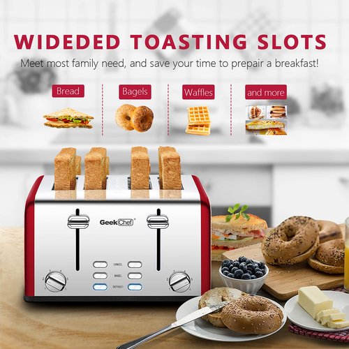 Geek Chef 4 Slice toaster, Best Rated Prime Retro Bagel Toaster with 6 Bread Shade Settings, 4 Extra Wide Slots, Defrost/Bagel/Cancel Function, Removable Crumb Tray, Stainless Steel Toaster, 1500W (Red-Classic)