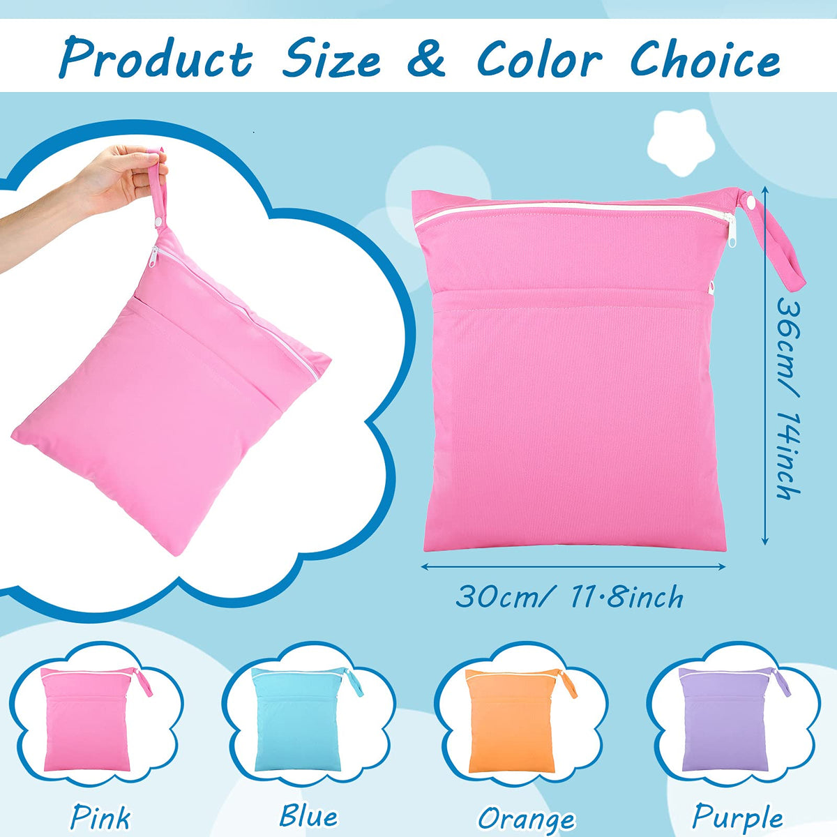 Shappy 4 Pcs Wet Dry Bag for Baby Cloth Diapers Waterproof Wet Bag Washable Travel Reusable with 2 Pocket for Swimsuits for Yoga Gym Travel Beach Pool(Blue, Purple, Pink, Orange)