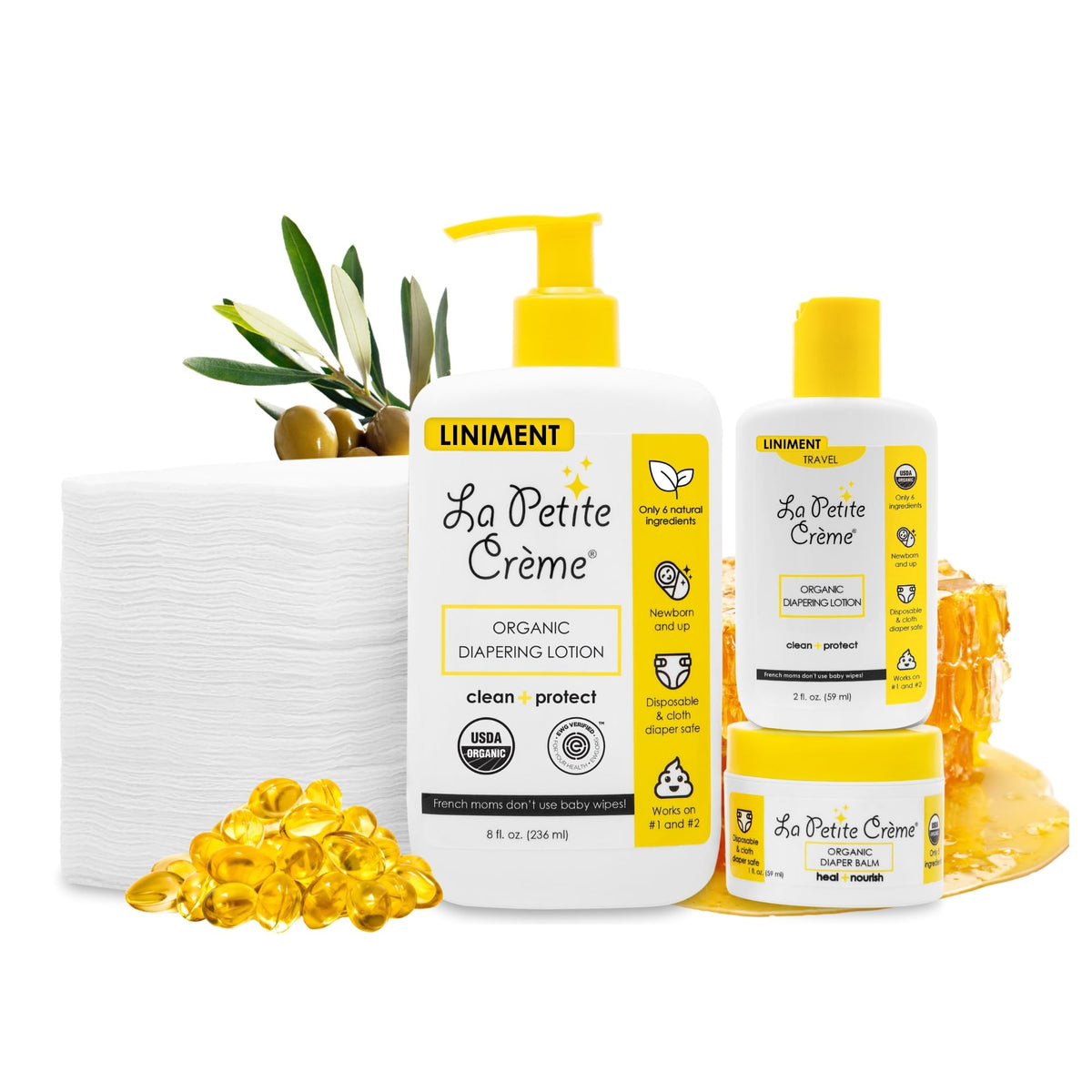 La Petite Creme Premium French Diapering Gift Set: Includes Organic Diapering Lotion (8 oz), Travel-size Liniment Baby Lotion (2 oz), 1 Travel-size Diaper Balm (1 oz), 50 Disposable Cotton Pads