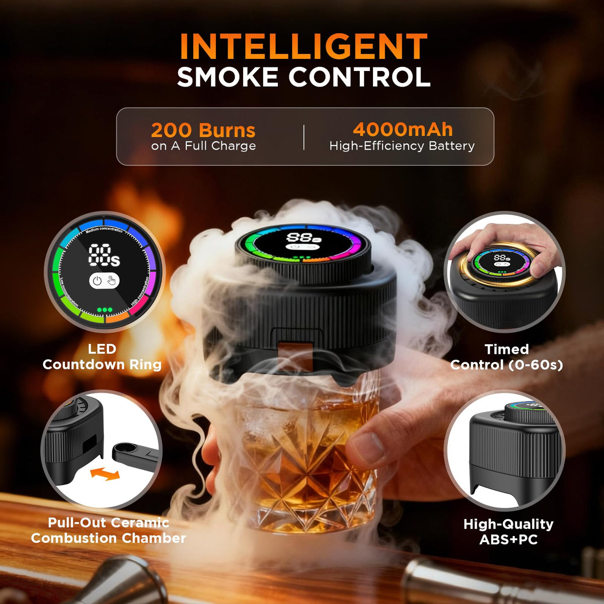 Electric Whiskey Smoker Kit with 0-60s Adjustable Timer, No Butane Needed, Cocktail Bourbon Drink Smoker Infuser Kit Smoke Whisky Set with 6 Wood Chips Flavors, Birthday Gifts for Men, Dad, Husband