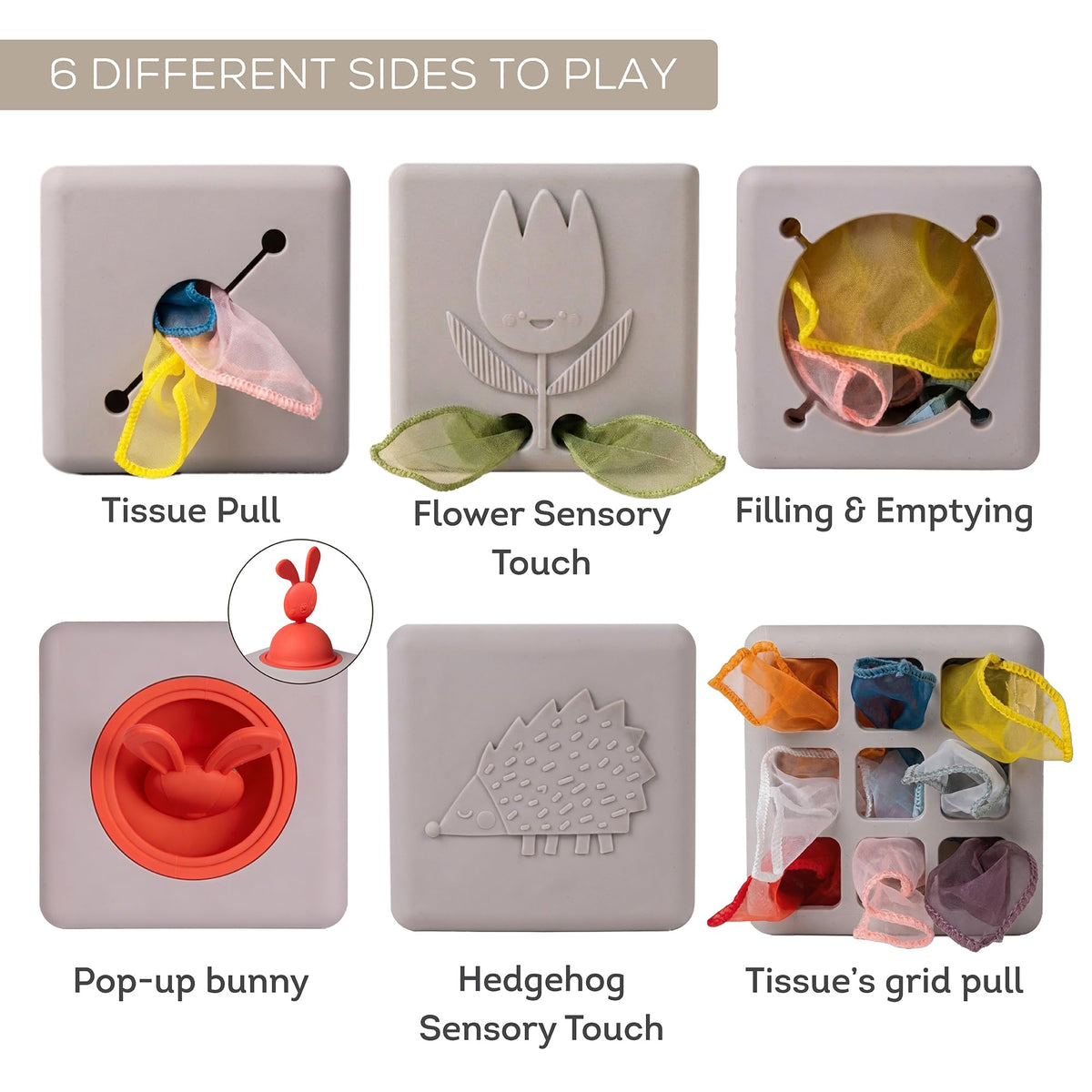 Taf Toys Baby Tissue Box Toy Silicone Baby Toys 6-12 Months Montessori Toys Sensory Activity & 10 Tissues for Fine Motor Development Soft Interactive Silicone Learning Cube for 1 Year Old Toddlers