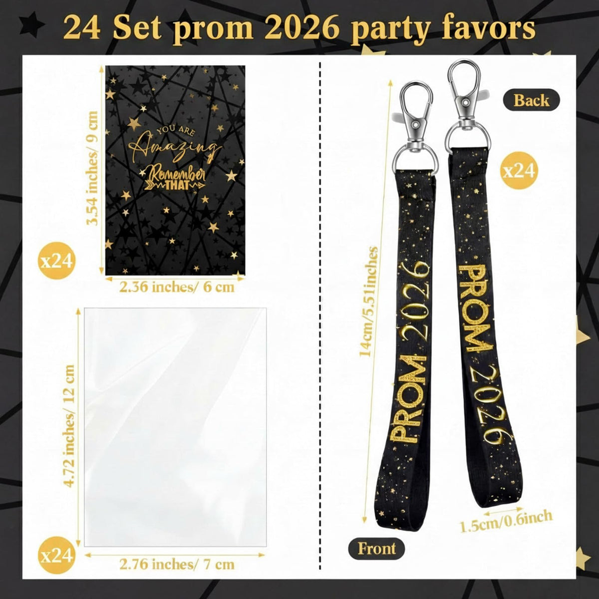 Knitgrip 24 Set Prom 2026 Graduation Party Favors Prom Lanyard Keychain Holder Class of 2026 Keychain with Cards Bags for College (Black)