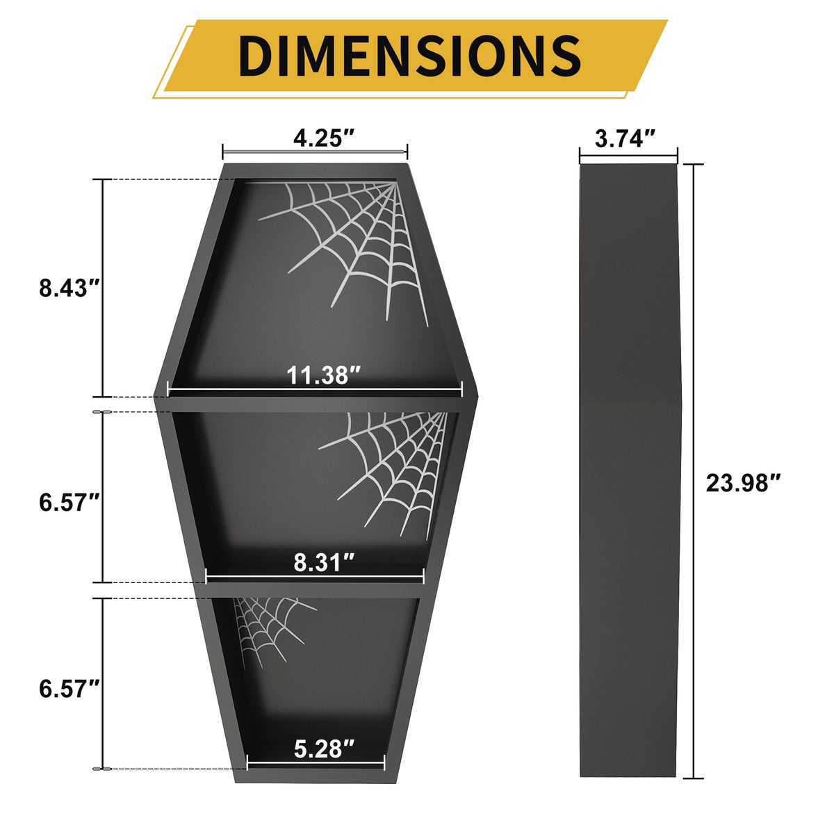 LUPWNEKA 24 in Halloween Goth Coffin Bookshelf with Spider Web, Wooden Gothic Coffin Bookshelf for Home, Black Spooky Curio Shelf for Home Decor, Witchy Room Decor for Oddities