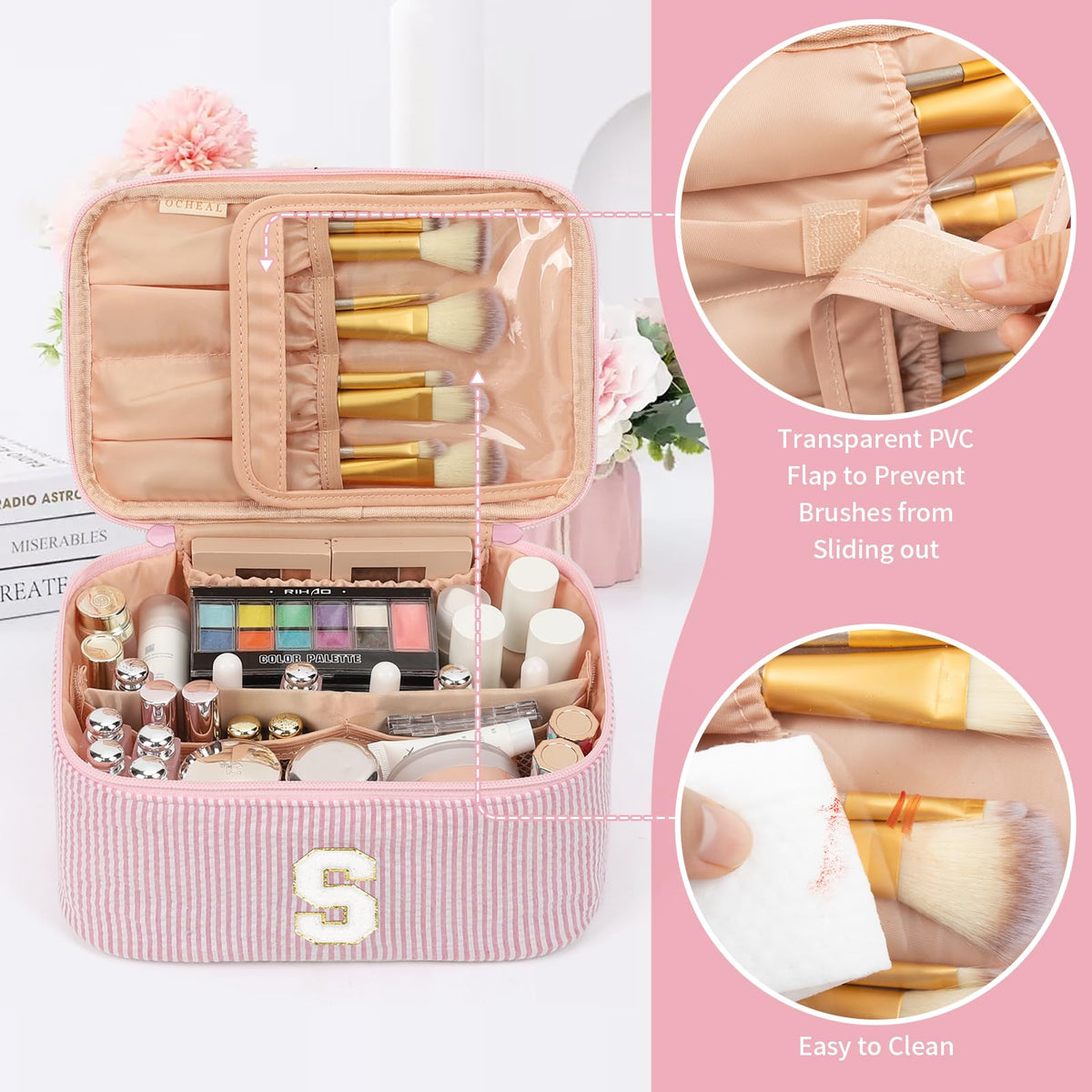 OCHEAL Makeup Bag for Women, Monogram Cosmetic Bag Pink Travel Makeup Case Beauty Toiletry Bag Organizer Personalized Gifts for Girls Bridesmaid, Sister, Wife, Friends Initial S