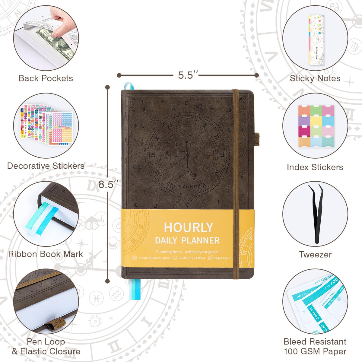 Undated 12 Month Planner Hardcover (5.5x8.5") - Weekly & Monthly Academic Life Organizer, Productivity Journal, Thick Paper, Sticker, Bookmark, Pen Loop(Brown)