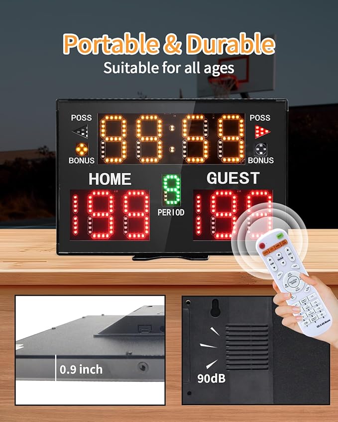 Basketball Digital Scoreboard with Remote,Battery Powered Portable Tabletop Electronic Scoreboard with 75dB Buzzer,Countdown Timer & Score for Games
