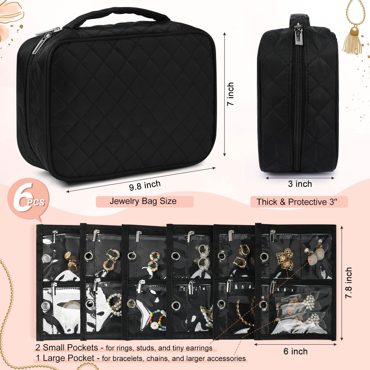CEELGON Travel Jewelry Case Organizer and Storage Quilted Jewelry Pouch Box for Traveling Ring Necklace Earring Holder with Velvet Jewelry Binder Mini Portable Jewelry Bag (Black)