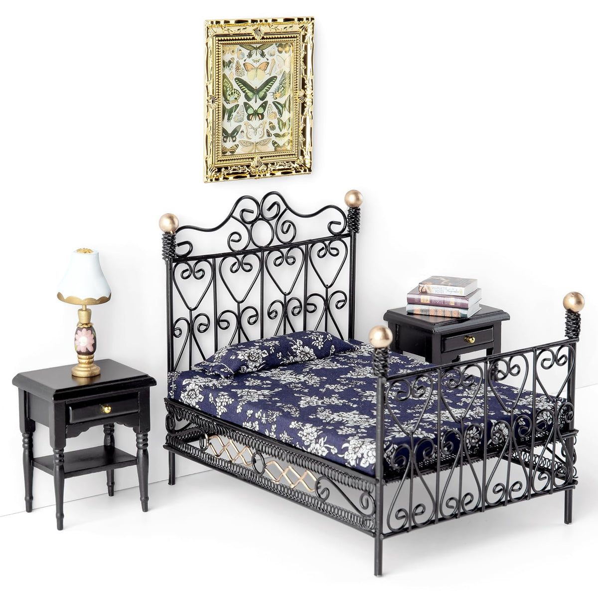 Minamzee 8Pcs 1:12 Dollhouse Bedroom Furniture Set Miniature Black Metal Bed with Bedding, Wooden Bedside Table, Lamp, Books, Murals for Master Bedroom Dollhouse Furniture Decorations Accessories