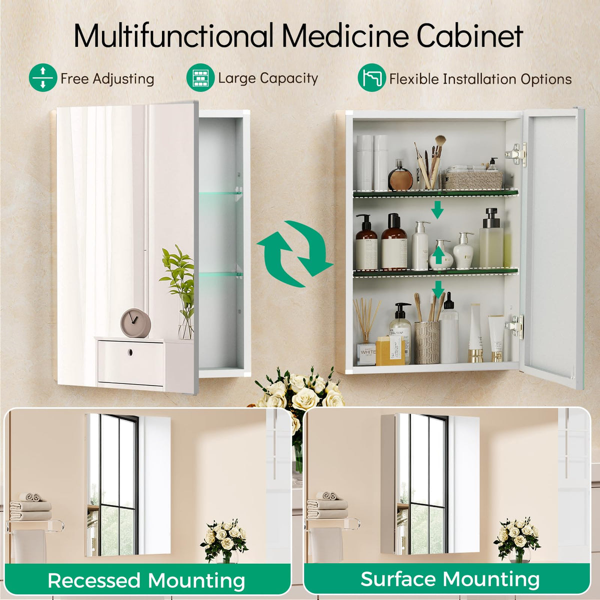 BROBIG 20 x 26 Medicine Cabinet Mirror, Moisture-Proof Aluminum Bathroom Medicine Cabinet with Mirror, Bathroom Mirror Cabinet with Adjustable Shelves, DTC Hinges, Recessed/Surface-Mounted