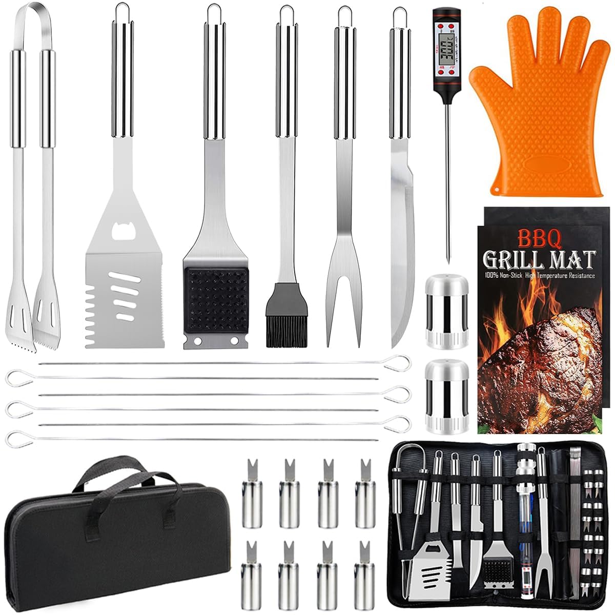 28PCS Stainless Steel BBQ Grill Accessories Set, Grilling Gifts for Men Birthday Father's Day, Portable Multifunction Grilling Utensils Tools Kit with Storage Bag for Outdoor Grill Camping BBQ Party