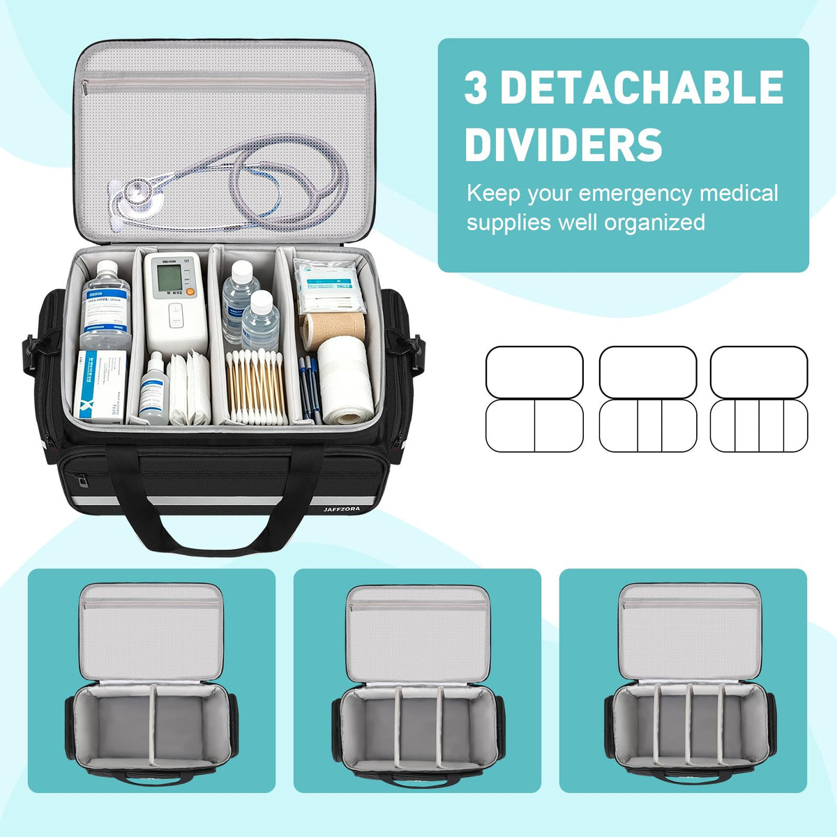Jaffzora Medical Bag, Medical Equipment Case Empty, Large Home Health Nurse Bag with Shoulder Strap, Medication First Aid Organizer for Therapist, Doctors, Nursing Students (Black)