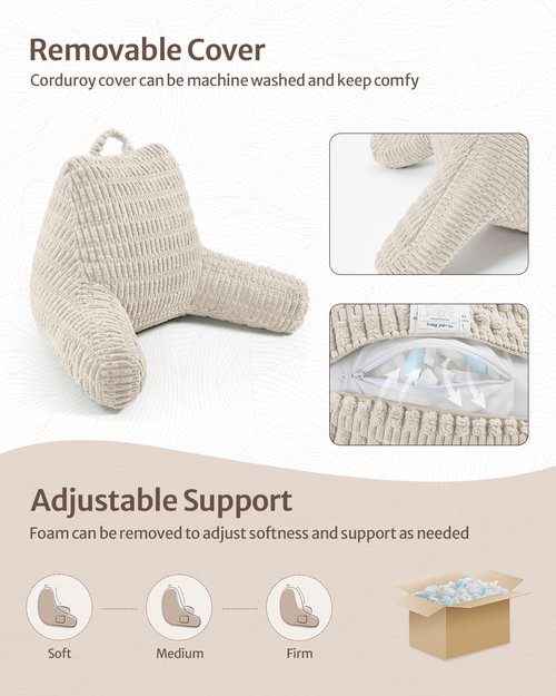 Blissful Diary Reading Pillow, Large Backrest Pillow with Shredded Memory Foam for Adult & Children, Designed for Bed and Couch Sitting Up, Includes Arms, Pockets and Washable Cover, Off White