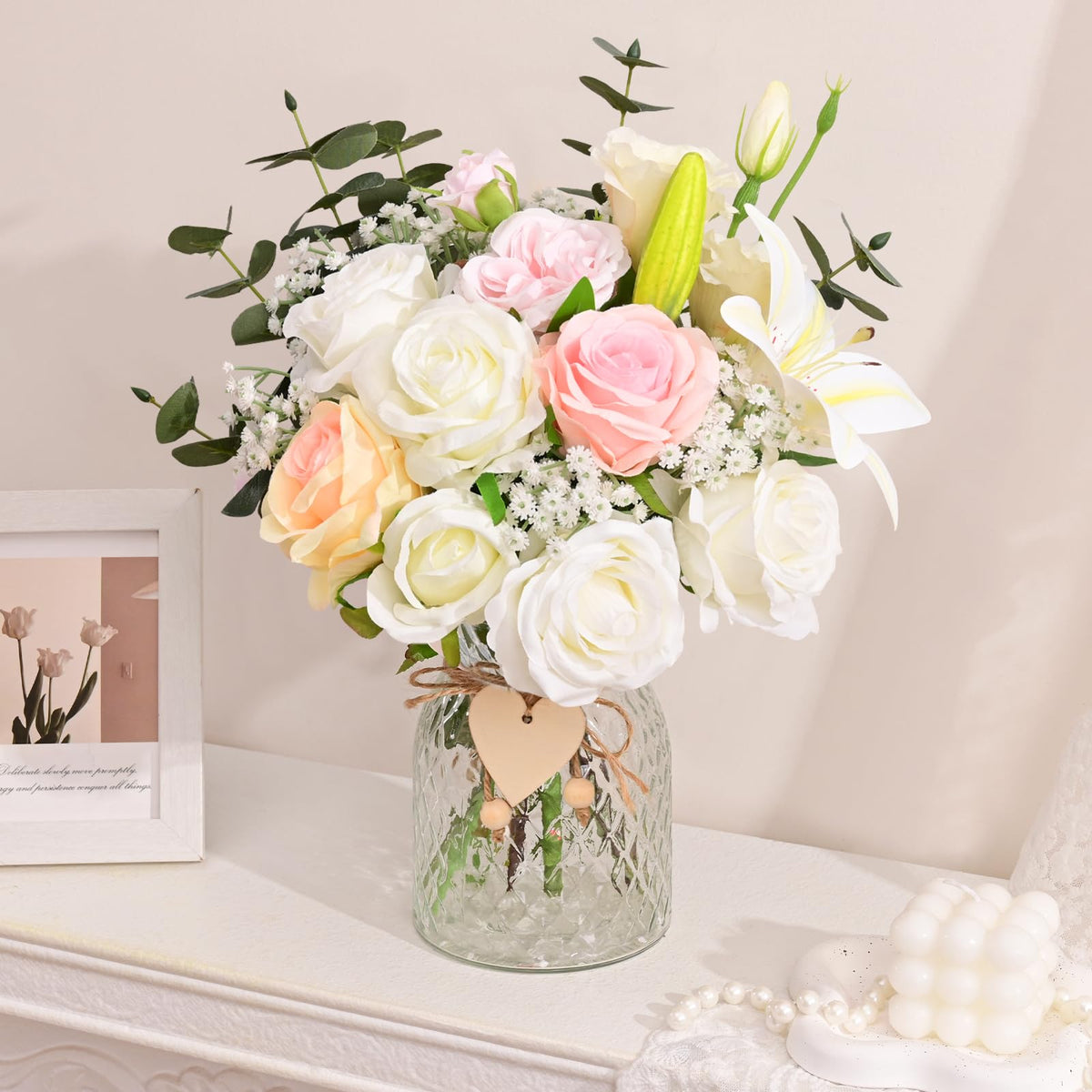 Livole 22Pcs Fake Flowers with Vase Silk White Artificial Flowers in Vase with Light Fake Plant Eucalyptus Flower Arrangement for Table Centerpieces Decor for Living Room Coffee Home Farmhouse