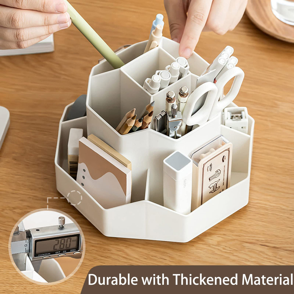 GGIANTGO Pencil Pen Holder for Desk, 9 Slots 360 Degree Rotating Desk Organizer, Cute Pen Organizers Stationery Supplies for Office Home & Art Supply (Beige)