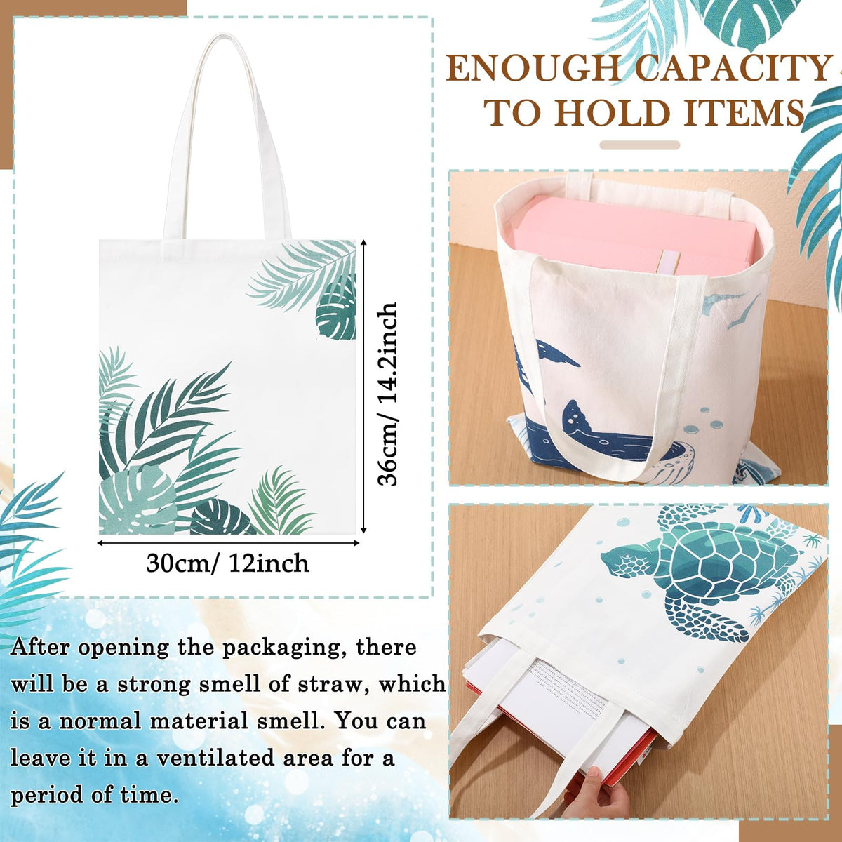 SATINIOR 10 Pcs Beach Theme Canvas Totes Bags Gifts Shopping Bags Reusable Grocery Handbags for Women Travel Cruise Wedding(Vertical Style)